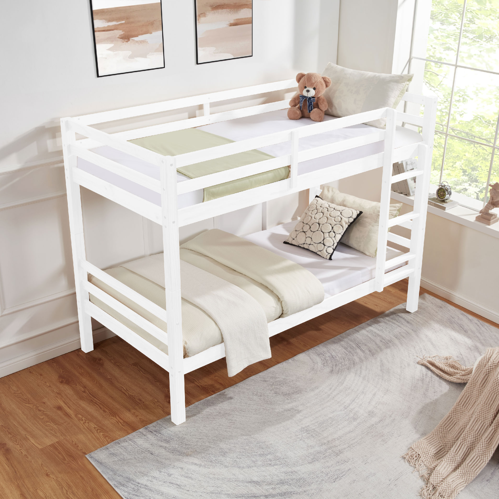 Twin over Twin Bunk Bed with Thick Posts,Wooden Bunk Bed with High Guardrail and Ladder for Kids, Teens, Dorm Rooms, and Guest Rooms,No Box Spring Needed,White Twin over Twin Bunk Bed with Thick Posts,Wooden Bunk Bed with High Guardrail and Ladder for Kids, Teens, Dorm Rooms, and Guest Rooms,No Box Spring Needed,White